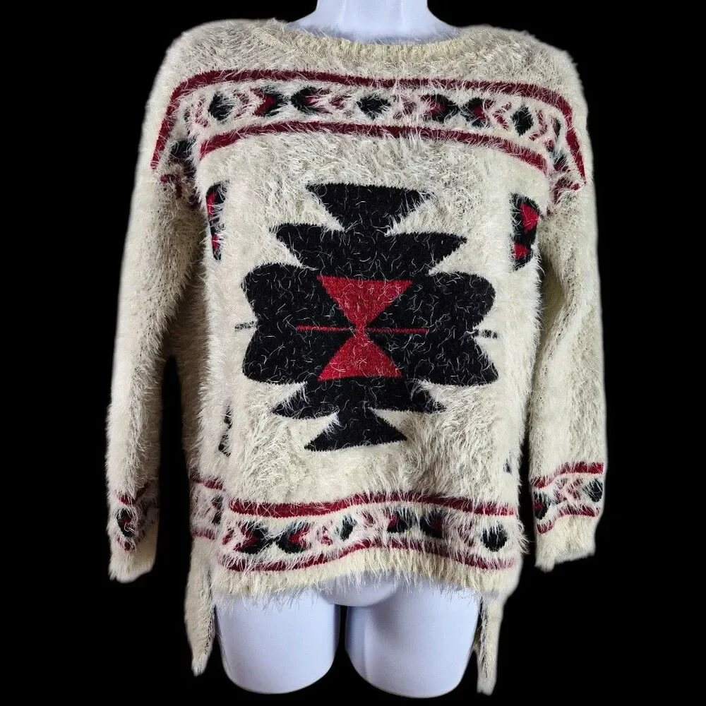 Aztec S Tribal Eyelash Sweater Hi Low Southwestern Cabincore Cozy Lodge Boho